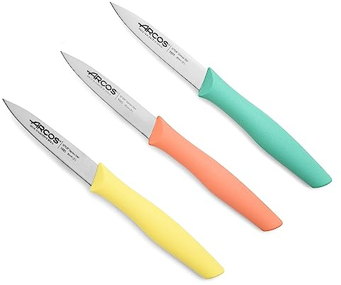 Arcos Küchenmesser Set 3 teilig aus Edelstahl Serie Nova. Schälmesser für Obst und Gemüse mit ergonomischem Polypropylen Griff. Farben Orange, Gelb, Blau