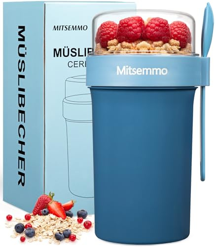 Mitsemmo Müslibecher to Go 760ml+230ml,Joghurtbecher to Go mit Löffel,Müsli Cup to Go Becher,Cornflakes to Go,Müslibecher Müslidose Müslischale Frühstücksdose Müslibox,Joghurt Box to Go Becher (Blau)