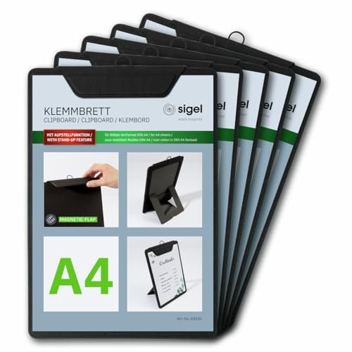 SIGEL KB100/5 Klemmbretter A4, schwarz, mit Aufstellfunktion, 5er Pack, stabile, stylische Clipboards mit edler Leinenstruktur, strapazierfähig und leicht abwischbar