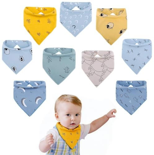 Viedouce Baby Lätzchen 9 Stück, Dreieckstuch mit Verstellbarem Druckknopf, Sabberlatz für Jungen, Mädchen & Neugeborene, Baumwolle & Absorbierend