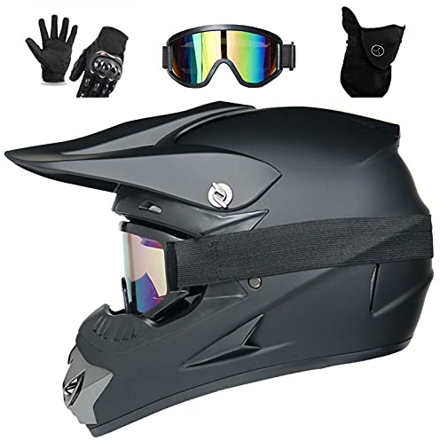 UIGJIOG Kinder Motorradhelm Crosshelm Schwarz,Cross Helm Herren Fullface Helm MTB DOT-Zertifizierung Inklusive Brille, Handschuhe Und Masken Set,A