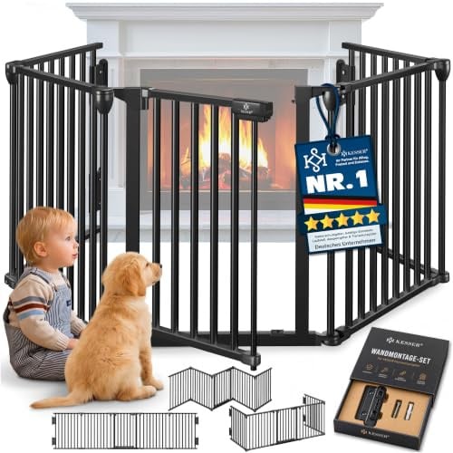 KESSER® Kaminschutzgitter mit Tür 480 cm Metall Ofenschutzgitter Laufgitter Laufstall Absperrgitter Tierschutzgitter Türschutzgitter für Kinder-Sicherung, 8-teilig Elemente (je 60 x 75 cm) Schwarz