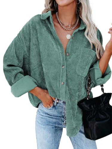 Friptspyg Cordhemd Damen Bluse Langarm Cordbluse Lässiges Hemdbluse Oversized Cordjacke Button Down Corduroy Bluse Casual Cord Hemd mit Tasche