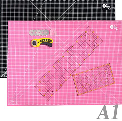 45 mm Rollschneider Set inkl. Schneideunterlage A1 90x60cm 5-Lagig + 5x Ersatzklingen + 2x Patchwork-Lineal Premium Stoffschneider selbstheilend Schneidematte im A1-Format Rosa/Schwarz Starter Set