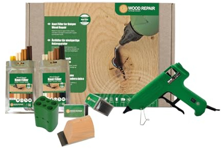 WoodRepair Holzreparatur Satz PLUS+ mit Astfüller-Pistole, Kompaktbeutel Mix 1 & 2, Handhobel, Farbwechsler & Kühlblöcken