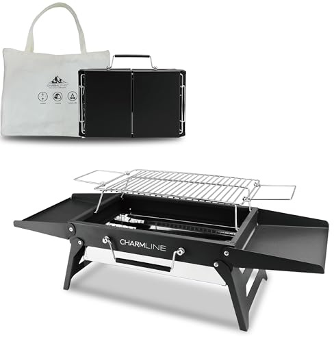 Charmline Tragbarer Holzkohlegrill, Klappbarer Campinggrill 35 x 23 cm für 1–3 Personen, Mini BBQ Grill für Balkon, Garten, Camping, Picknick und Strand, Schwarz