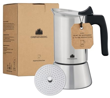 Groenenberg Espressokocher Induktion + Reduziersieb I Edelstahl Mokkakanne 4 oder 6 Tassen Espresso I Espressokanne inkl. Ersatzdichtung