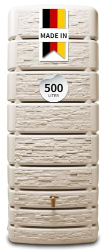 4rain Slim Stone Decor Regentonne Wandtank 500 Liter sandbeige - Steinoptik an der Hauswand - platzsparende Form für den Garten - mit Auslaufhahn und Deckelöffnung für Beet und Terrasse außen pur