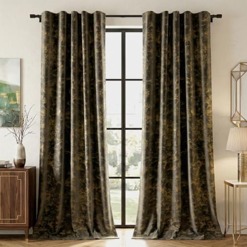Rosnek Samtvorhang mit Kräuselband 2er Set, Golddruck, Wohnzimmer Schlafzimmer Verdunkelung Thermovorhang, lärmschutzvorhang mit Multifunktionale Aufhängung, H225xB132CM(Braun)