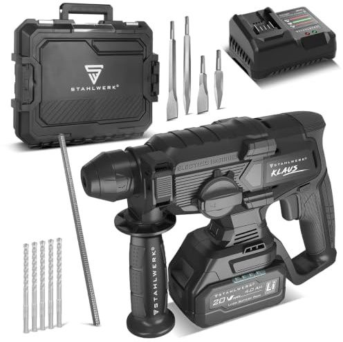 STAHLWERK Akku-Bohrhammer KLAUS – Bohren, Schlagbohren, Rütteln und Meißeln | Brushless, 20 V, Bohrer / Bohrmaschine für Beton und Zement, bis zu 1.400 U/min, 24 mm Bohrdurchmesser, LED-Licht, SDS-Plus