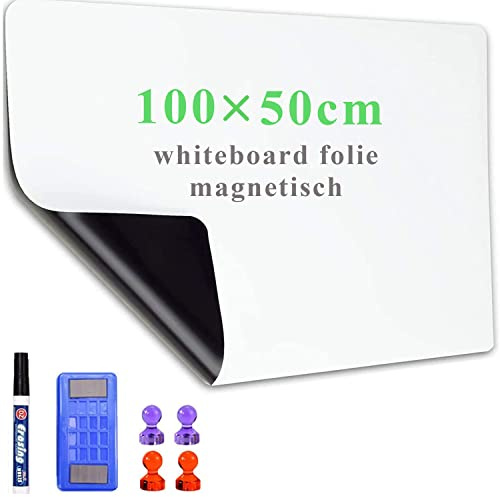 Lyzzxi Whiteboard Folie, 50 * 100cm Magnetisch Selbstklebend Weißwandtafel Folie, Memoboard zum Schreiben, Inklusive Marker und Schwamm, Wandfolie für glatten Oberflächen in Schule Büro Haus