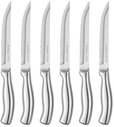 Ruffulon Vollständig Edelstahl Steakmesser,Hochwertiges Steakmesser Set 6 teilig,Steak besteck Set mit wellenschliff,Silbern Steak Messerset,Scharfe Steak Messer,Spülmaschinenfest