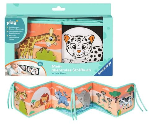 Ravensburger 4856 Play+ Mein allererstes Stoffbuch: Wilde Tiere, Leporello für die Bauchlage, Stoffbuch, Kuschelbuch