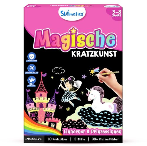 Skillmatics Kratzkunstbuch für Kinder - Einhörner &; Prinzessinnen, Bastelsets und Zubehör, 30+ Kratzaufkleber, Reisespielzeug, Bastelset, Geschenke für Mädchen & Jungen im Alter von 3, 4, 5, 6, 7, 8
