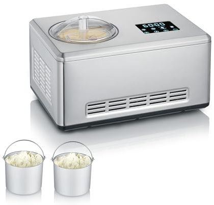 SEVERIN 2-in-1 Eismaschine mit Joghurtfunktion, Kompressor Ice Cream Maker für Eis, Sorbet und Frozen Joghurt, Speiseeismaschine inkl. zwei Eisbehälter, Edelstahl-gebürstet, EZ 7406