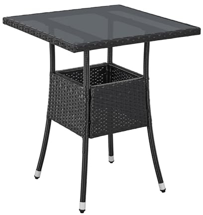 Juskys Polyrattan Gartentisch Yoro wetterfest - Balkontisch 60x60 cm eckig - Rattan Beistelltisch mit Glasplatte - Kleiner Tisch für Balkon - Schwarz
