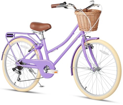 Glerc Missy 24“ Zoll Mädchen Cruiser Jugend Teen Frau Fahrrad 6-Gang Teen Hybrid Stadt Fahrrad für Jugendliche im Alter von 14 15 16 Jahre alt mit Weidenkorb & Leichtgewicht, Purpleink