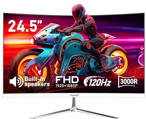 Gawfolk Curved Monitor 24,5 Zoll 120Hz mit Lautsprecher, 3000R Gebogen PC Bildschirm FHD 1080P, Weiß Computerbildschirm mit Eye Care Technologie HDMI VGA, unterstützt VESA