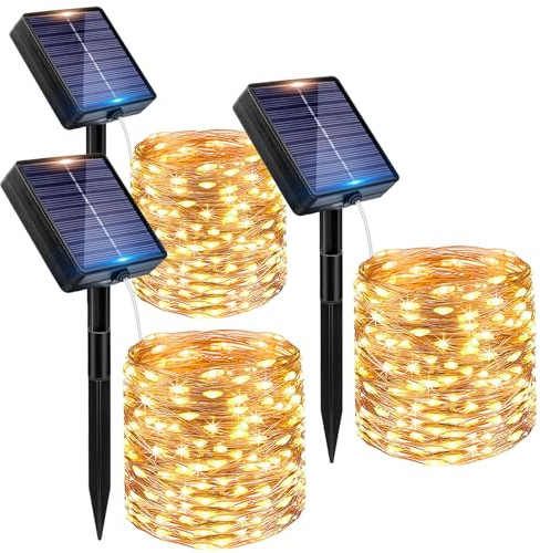 Peasur 3 Stück Solar Lichterkette Outdoor, 3x12M 120 LED Lichterkette Außen | IP65 Wasserdicht Kupferdraht Lichterkette Aussen, 8 Modi Solarlichterkette für Balkon Garten Party Hochzeit Deko, Warmweiß