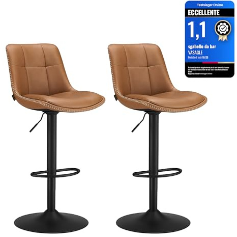 VASAGLE Barhocker 2er Set, höhenverstellbar, drehbar, mit Rückenlehne | Barstühle, Küchenhocker, PU-Bezug, Fußstütze, Esszimmer, Theke, karamellbraun-mattschwarz, MONNI Kollektion LJB095K01