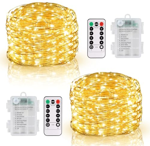 Lichterkette Batterie, 2x10M 100 LED Lichterkette Batterie mit Timer | Wasserdicht Lichterketten Draht mit 8 Modi Fernbedienung für Party Hochzeit Weihnachten Deko (Warmweiß)