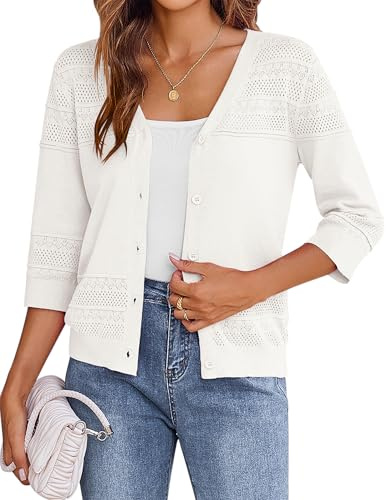 Zeagoo Damen Bolero Elegant Strickjacke Kurz Cardigan Sommer Bolerojacke 3/4 Ärmel Schulterjacke Festlich Kurze Jacke zum Kleid Open Front Mit Knöpfen Weiß M