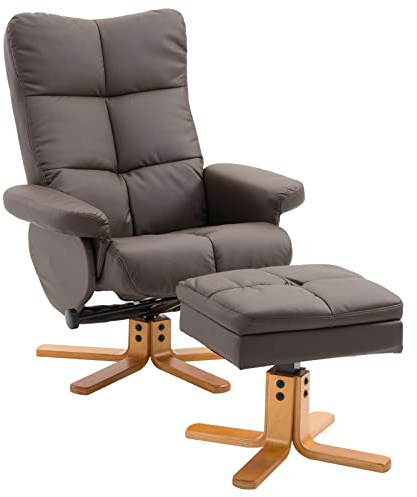 HOMCOM Relaxsessel mit Hocker, Stauraum, Gepolstert Fernsehsessel mit Liegefunktion, 360° Drehbar TV-Sessel für Schlafzimmer, Wohnzimmer, Kunstleder, Braun