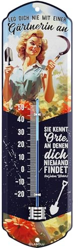 LANOLU Thermometer Garten außen- und innen, Deko-Schilder Garten vintage, Retro Blechschild, Chill Lounge Gartendeko - Wanddeko Schild aus Metall 8x28cm