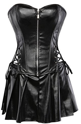 Grebrafan Damen Reißverschluss Korsett Kunstleder Corsage Rock (EUR(32-34) S, Schwarz)