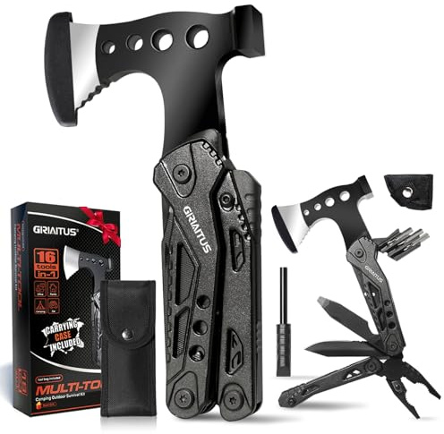 Geschenke für Männer 16IN1 Multitool Axt mit Hammer Outdoor Camping Zubehör | Vatertag Männergeschenke Survival Kit mit Zange Säge Schraubendreher Flaschenöffner Pfeife Taschenmesser Jagdzubehör