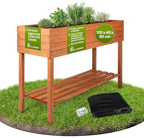 TTL GARDEN Balkon Hochbeet XL 120x40x80cm aus Holz - Pflanzkasten & Blumenkasten mit Ablageboden & Folie - Tannenholz wetterfest - Pflanzbeet Kräuterbeet Blumenbeet für Garten Balkon Terrasse Braun