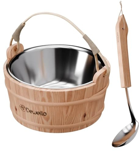 Dewello® Saunaeimer inkl. Kelle mit Edelstahleinsatz, Fassungsvermögen ca. 3 Liter, Hemlock-Holz, Bambusstreben | Das Saunazubehör für Zuhause