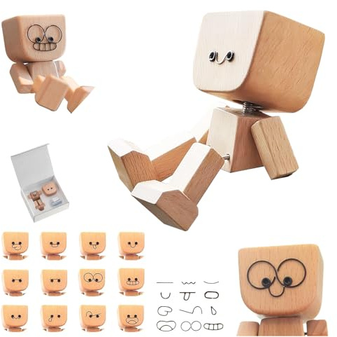 Yooyan Schüttelnde Holzmann-Figur, Charmante Holzfigur mit einem Lächeln, Wackelnde Holzfiguren, Lebendig Wackelkopf-Autodekoration, Handgefertigte Auto Dekoration, Geschenke für Männer