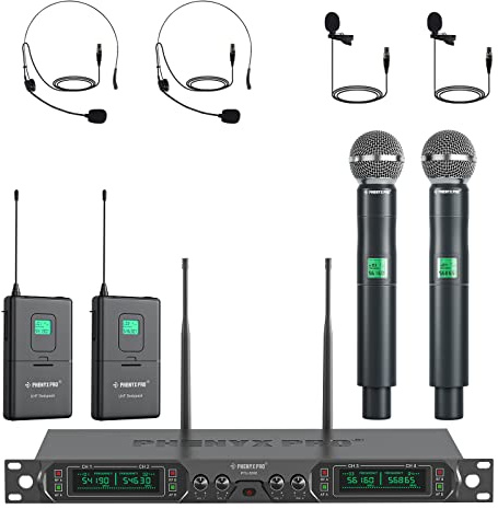 Phenyx Pro 4-Kanal UHF Drahtlos-Mikrofonsystem, Festfrequenz-Mikrofon mit Hand-/Taschen-/Kopfbügel-/Ansteckmikrofonen für Kirche, Karaoke, Gesang, DJ (PTU-5000B)