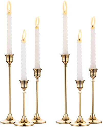 NUPTIO Kerzenständer Goldene Kerzenhalter Stabkerze: 6 Stück Stabkerzen Vintage Kerzenleuchter Messing Metall Antik Stabkerzenhalter für Tisch Hochzeit Housewarming Geschenk Weihnachten