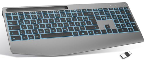 TECURS Kabellose Tastatur mit Handballenauflage & Handyhalterung, 2.4GHz Ergonomische Beleuchtete Tastatur QWERTZ mit Copilot, Leise Wiederaufladbar Funktastatur 7 Farben für Windows/PC/Laptop