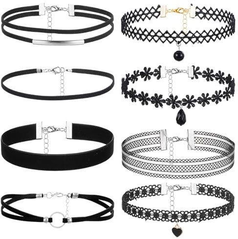 QFGasre 8 teiliges schwarzes Choker Set aus Spitze und Samt mehrlagig klassisches Choker Set Samthalsband für Damen verstellbar Gothic Punk Halloween klassisch