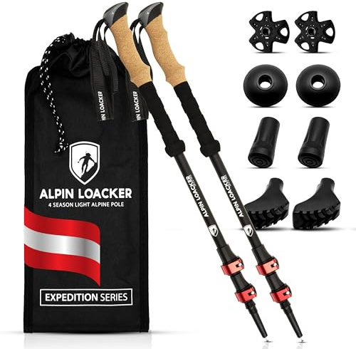 ALPIN LOACKER Teleskop Wanderstöcke Aluminium mit Korkgriff I Leichte Nordic Walking Stöcke Damen und Herren für Skifahren und Wandern I Trekkingstöcke für Bergsport, rot