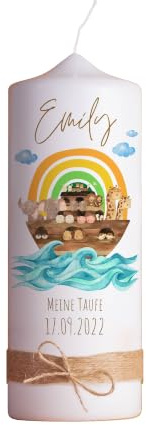 Taufkerze | Arche Noah Regenbogen | 15-30 cm Höhe | Personalisierte Kerze | Regenbogen | Evangelisch | Katholisch
