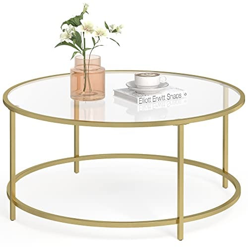 VASAGLE Runder Couchtisch, Wohnzimmertisch mit Stahlgestell, Salontisch, Beistelltisch, golden LGT21G