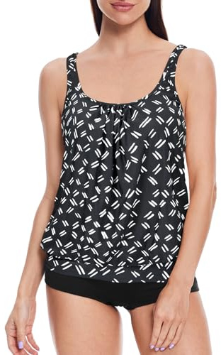loginsummer Badeanzug Zweiteilig Damen, Tankini Damen Bauchweg, Große Größen High Waist Tankini Set, Blouson Tankini Oberteil mit Badeshorts