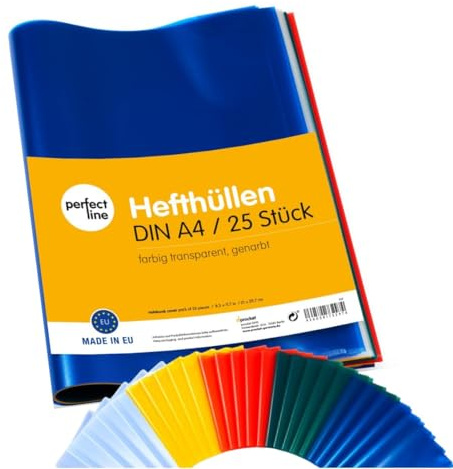perfect line 25 Hefthüllen DIN-A4, 5 Farben, Heftumschlag transparent genarbt, Heftschoner aus recyclebarem PP, dokumentenecht