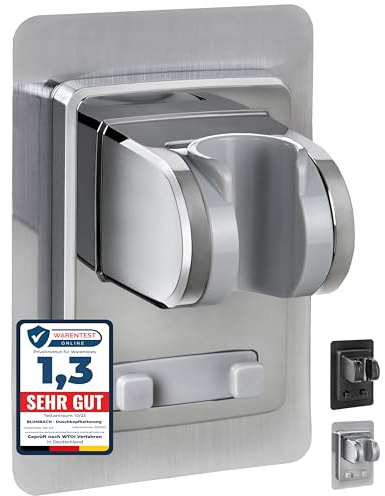BLUMBACH® Duschkopfhalterung ohne Bohren - DAS ORIGINAL - Duschhalterung kleben statt Bohren - Neigung verstellbar, KU - silber, Duschkopf Halterung, Shower head holder mit extra starkem Klebepad