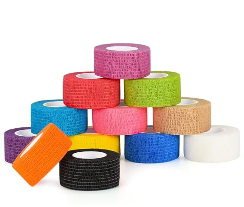 Sagafly 12 Rollen Selbsthaftende Bandage 2,5cm x 4,5m Selbstklebender Verband für Finger Elastische Fixierbinde Haftbandage Kohäsiver Verband Selbstklebend Fingerpflaster Fixierverband