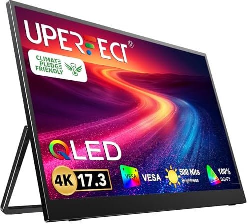 UPERFECT QLED Portable Monitor 4K 17,3 Zoll, 500 Nits 1500:1 100% DCI-P3 | mit Integrierte Halterung Mini HDMI USB C für Laptop, PC, Xbo, PS-4/5, Switch, VESA-kompatibel
