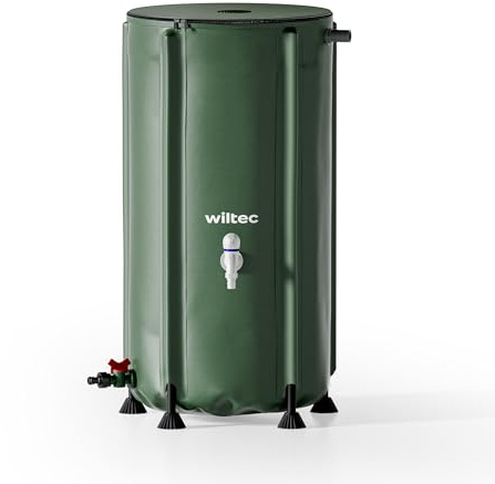 Wiltec Faltbare Regentonne 100 l mit Deckel, Regenfass aus 620 g/m² PVC, Regenwassertank mit Wasserhahn, Wasserspeicher Garten mit Schlauchanschluss