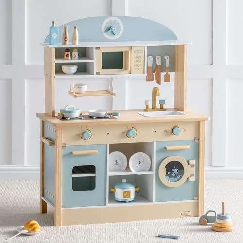 ROBUD Spielküchen aus Holz für Kinder & Kleinkinder, Puppenküche Zubehör mit Mikrowellenofen, Waschmaschine, Reiskocher, Geschirr| Geschenke ab 3 Jahren