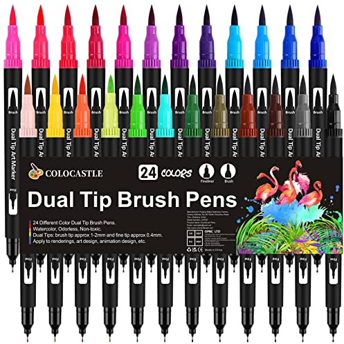 Dual Brush Pen Set, 24 Farben, Pinselstifte, Filzstifte für Kinder Bullet Journal Handlettering Aquarell Mandala Kalligraphie Manga Erwachsene Doppelfasermaler Fasermaler[1-2 mm] und Fineliner[0,4 mm]