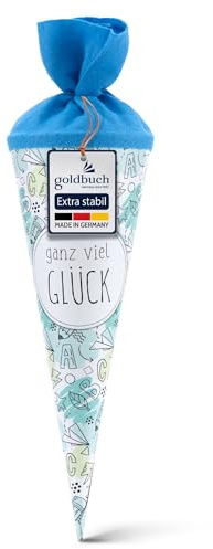 goldbuch 93 216 Geschwistertüte ganz viel Glück, Schultüte mit Skizzen-Muster, Lackkarton, Geschenkverpackung mit blauem Filzverschluss (ohne Verschlussband), Zuckertüte rund, Länge 35 cm, Ø 11,5 cm