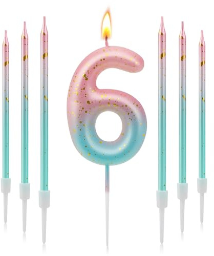 Geburtstagskerzen Zahlen 6, 3D Farbverlaufs Kerzen Geburtstag | Geburtstagskerzen Kinder Rosa Blauer Farbverlauf, Zahlenkerze für Kinder Jungen Mädchen Geburtstags Jubiläum, Kerze 6